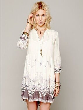 Free People Sierra Valley floral cream purple long sleeve mini dress size M